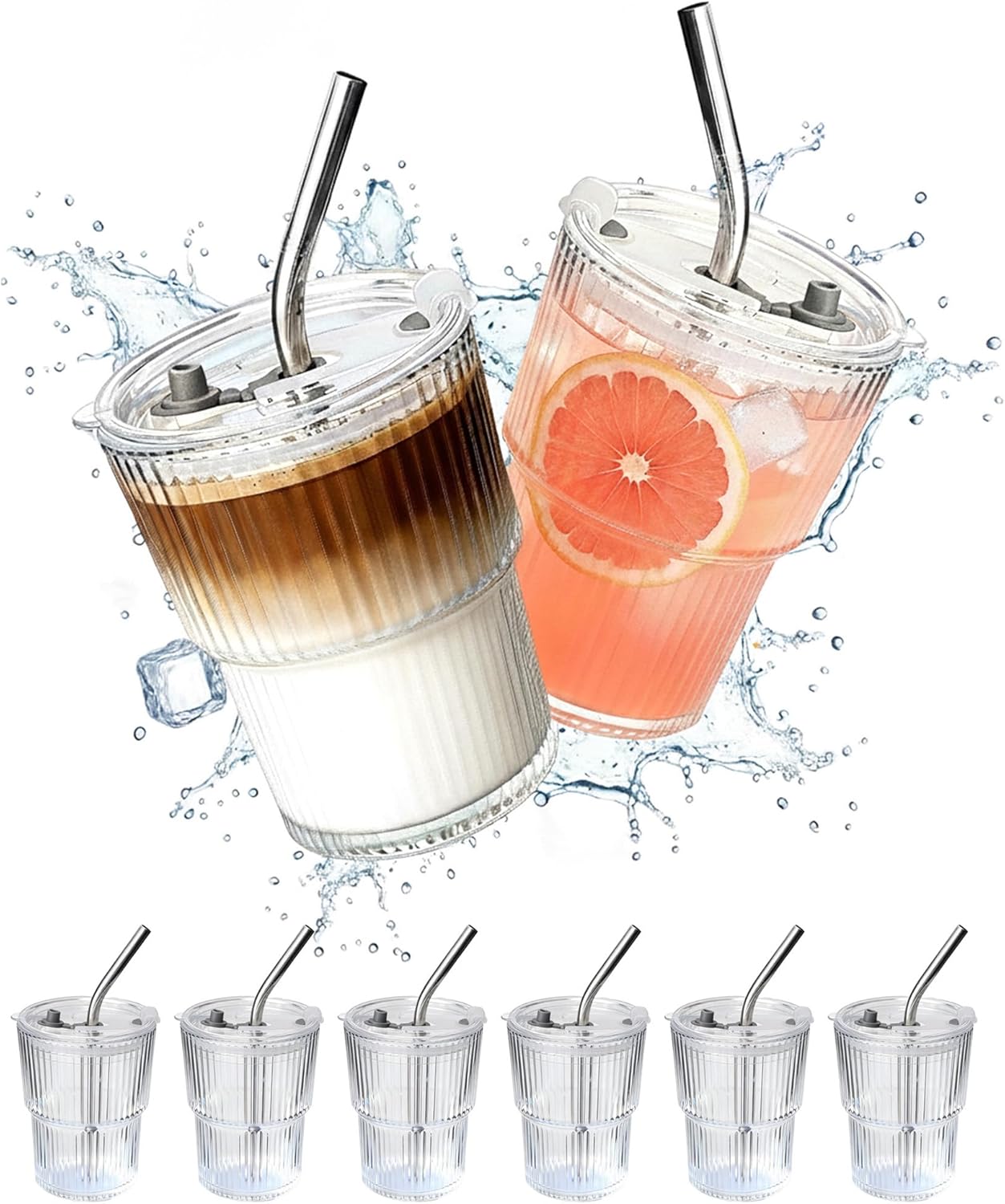 4 Packs Ribbed Glass Tumbler with Lid and Straw 13 oz Cute Ice Coffee Cup Set for Smoothie Juice Matcha Tea Latte Cappuccino Espresso Hot Coffe Water Reusable Clear Travel Boba Aesthetic Drinking Mug