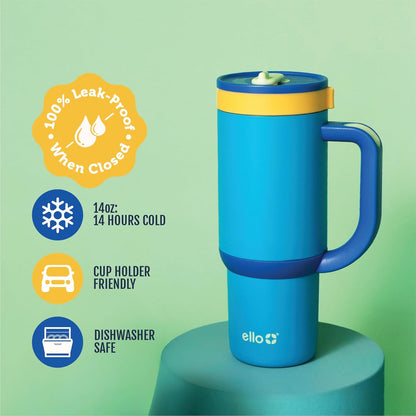 Ello Oasis 18oz Kids Tumbler with Handle & Retracting Straw, 100% Leakproof Reusable Insulated Stainless Steel Cup, Gifts for Teens Girls Boys, Keeps cold for 18 Hours, Cup Holder Friendly, Glacier
