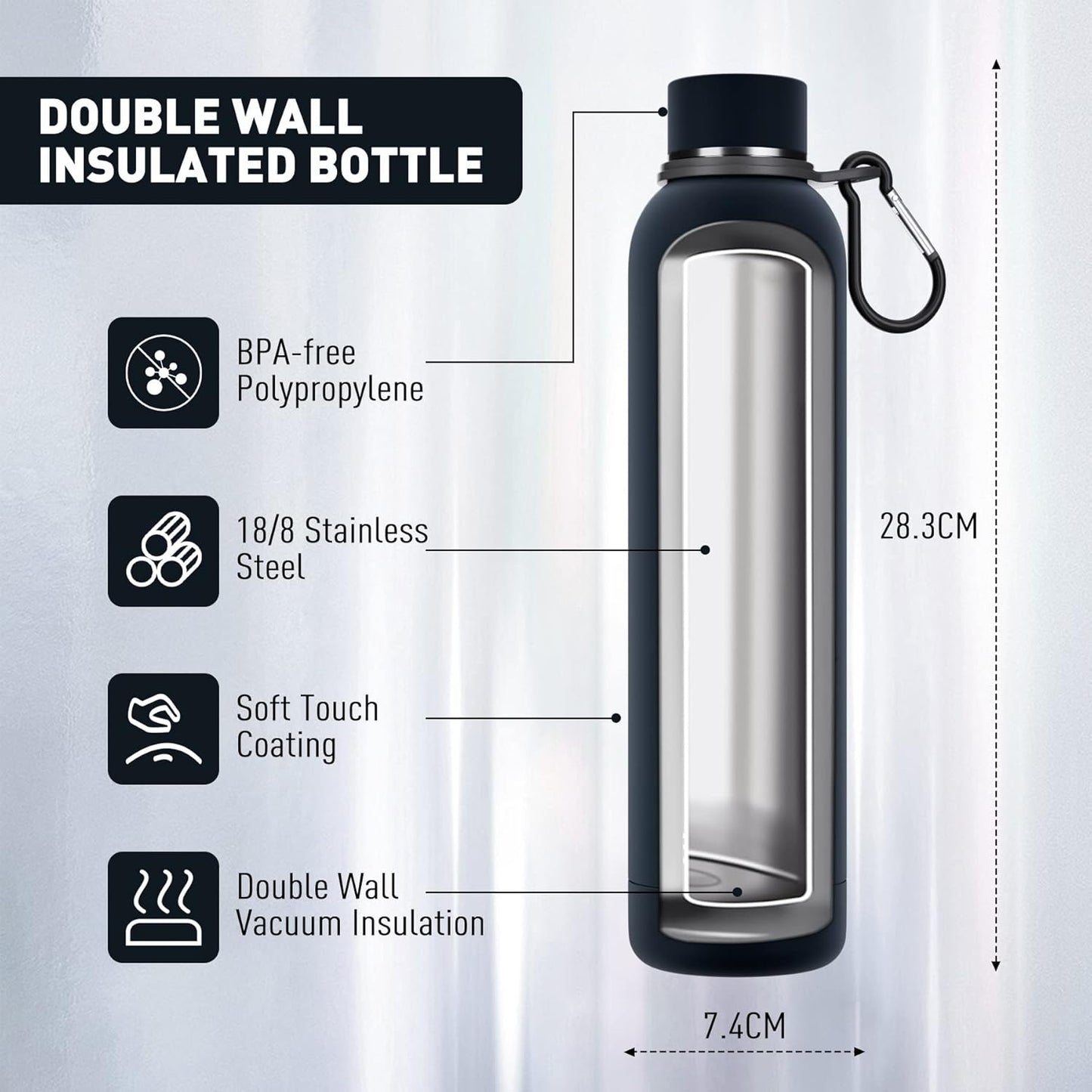 Exllena Slim Insulated Water Bottles for Travel 18oz with Clip, Double Wall Vacuum Stainless Steel Water Bottle Keeps Drinks Cold 24 Hrs/Hot 12 Hrs, 100% Leakproof, BPA Free(Black)