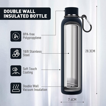Exllena Slim Insulated Water Bottles for Travel 18oz with Clip, Double Wall Vacuum Stainless Steel Water Bottle Keeps Drinks Cold 24 Hrs/Hot 12 Hrs, 100% Leakproof, BPA Free(Black)