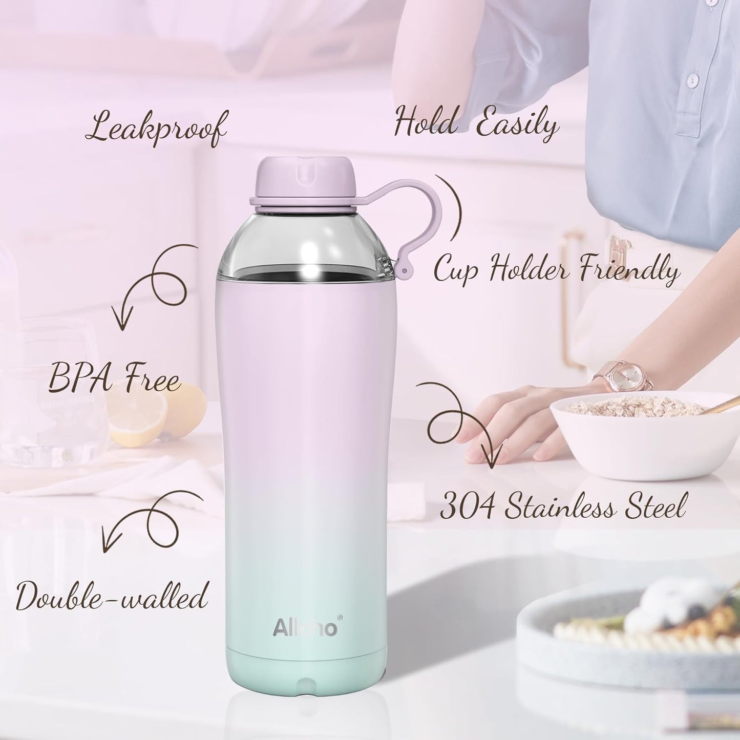 Allcho Insulated Water Bottle for Women, 18oz Stainless Steel Leak Proof Tumbler with 2 Lids, BPA-Free Tritan Chug & Straw Lid, Double Wall Vacuum Flask