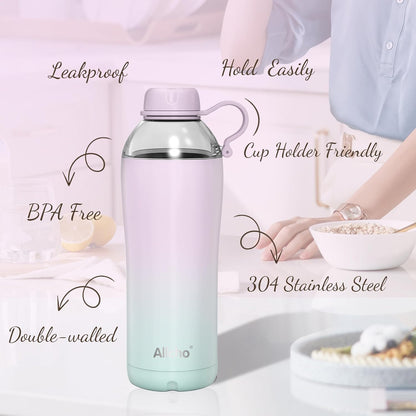 Allcho Insulated Water Bottle for Women, 18oz Stainless Steel Leak Proof Tumbler with 2 Lids, BPA-Free Tritan Chug & Straw Lid, Double Wall Vacuum Flask