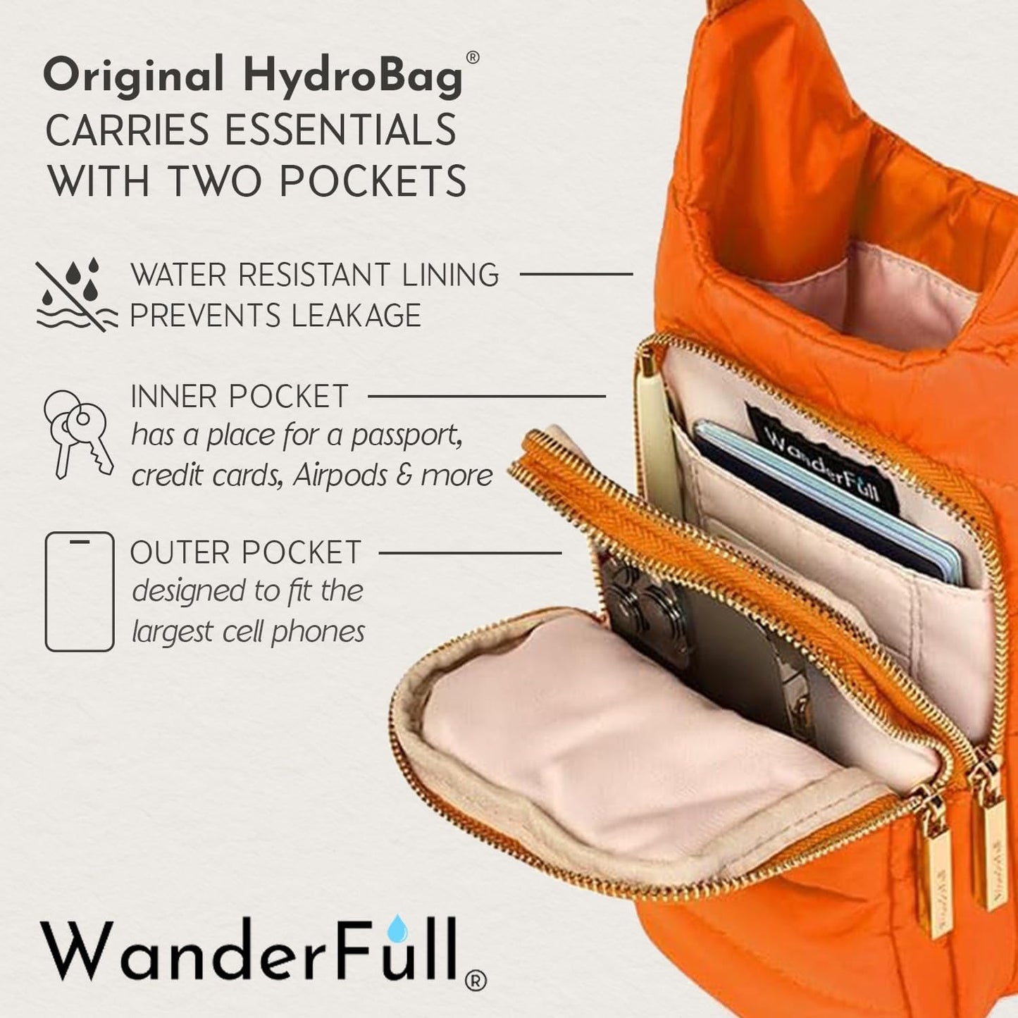 WanderFull Original HydroBag Fits Up to 32 oz Water Bottle Holder with Strap – Hands-Free Crossbody Water Bottle Carrier Bag with Phone Pocket - Colors A