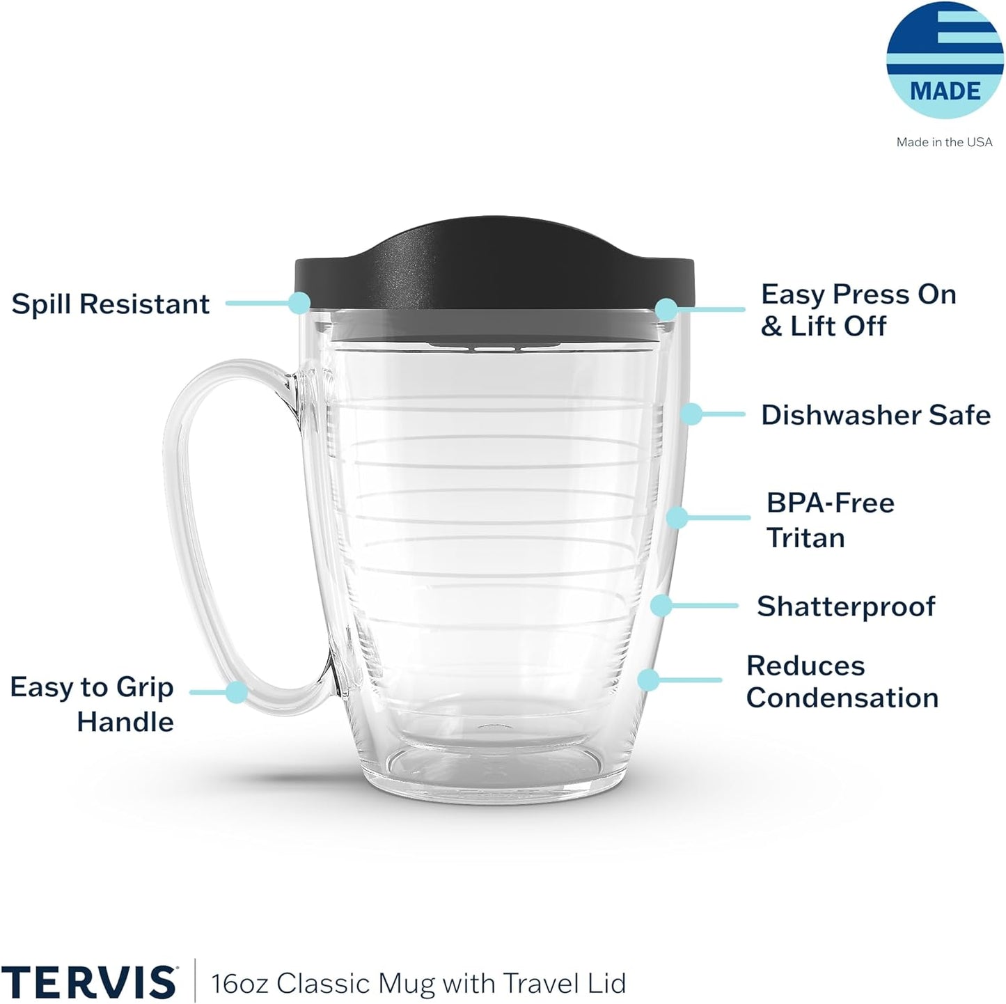 Tervis Clear & Colorful Lidded Made in USA Double Walled Insulated Tumbler Travel Cup Keeps Drinks Cold & Hot, 24oz, Black Lid, 1 Count (Pack of 1)