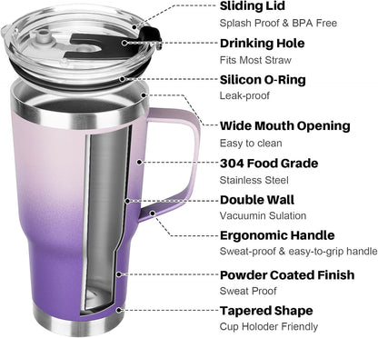 20 oz Tumbler with Handle, Stainless Steel Insulated Tumbler with Lid and Straw, Double Wall Vacuum Coffee Mug Tumbler, Insulated Coffee Thermal Cup for Cold and Hot (Light Purple)