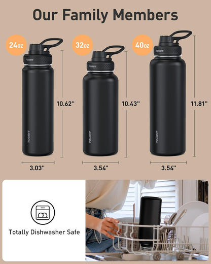 TOURIT 24 oz Insulated Water Bottle, Stainless Steel Water Bottles With Handle, Double-Wall Vacuum Sports Water Bottle, BPA Free Leakproof Water Bottle, Black