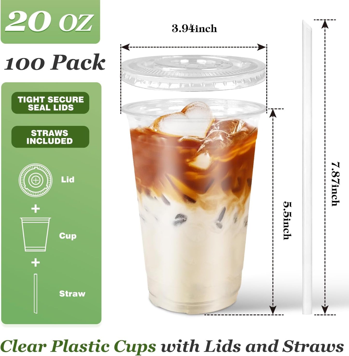Charmount 24 oz Clear Plastic Cups with Lids and Straws, 100 Sets Disposable To Go Cups for Cold Drinks, Iced Coffee, Coffee Bar Accessories, Smoothies