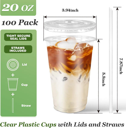 Charmount 24 oz Clear Plastic Cups with Lids and Straws, 100 Sets Disposable To Go Cups for Cold Drinks, Iced Coffee, Coffee Bar Accessories, Smoothies