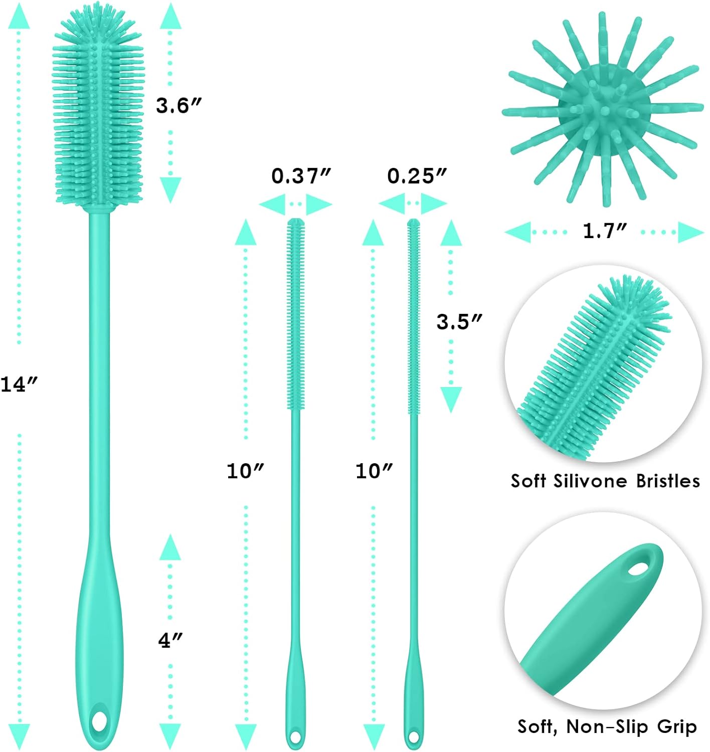 3-in-1 Silicone Bottle Brush and Straw Cleaning Brush Set, Water Bottle Cleaner for Narrow Neck Containers, Tumblers, Flask, Vase and Glassware (Turquoise)