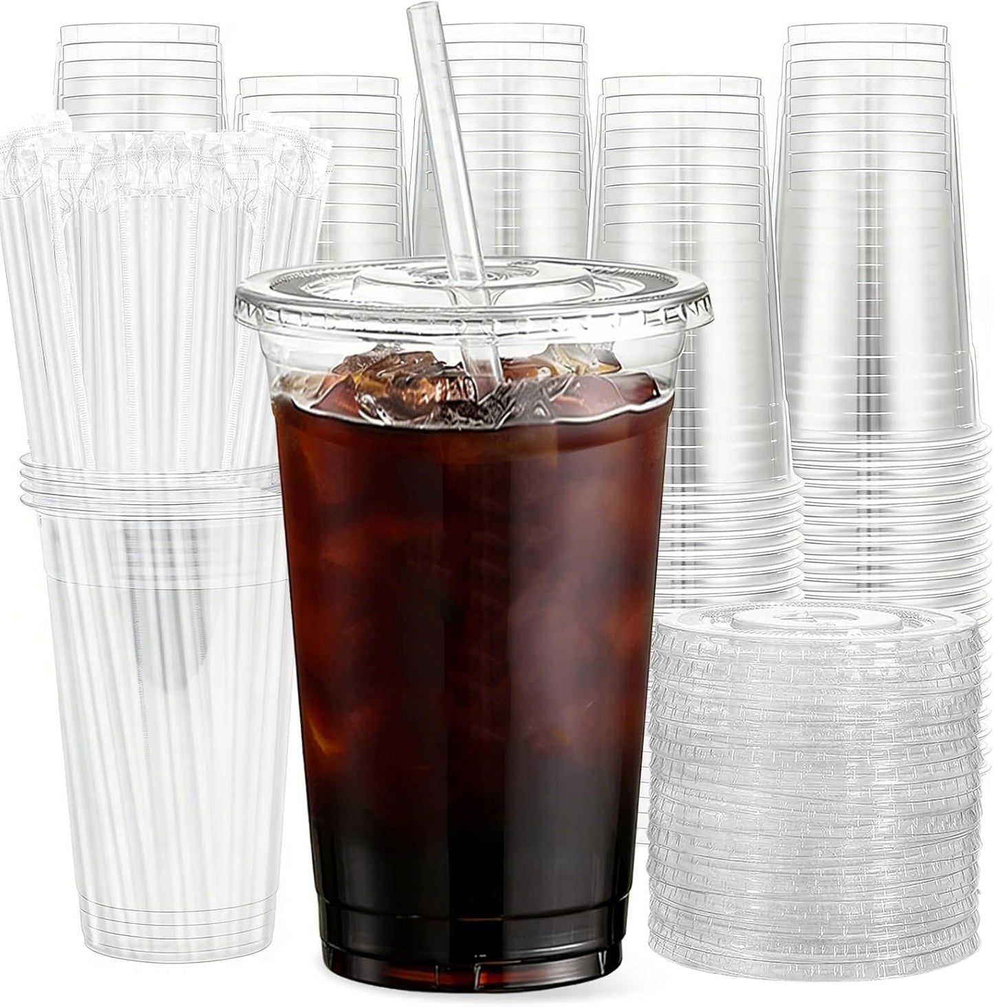 25 Pack 16 oz Clear Plastic Cups with Lids and Straws, Leak-Proof Disposable Iced Coffee Cups, BPA-Free PET Cold Drink Tumblers for Smoothie, Tea and Juice, Crystal Clear To Go Cups