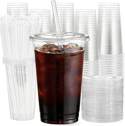 25 Pack 16 oz Clear Plastic Cups with Lids and Straws, Leak-Proof Disposable Iced Coffee Cups, BPA-Free PET Cold Drink Tumblers for Smoothie, Tea and Juice, Crystal Clear To Go Cups