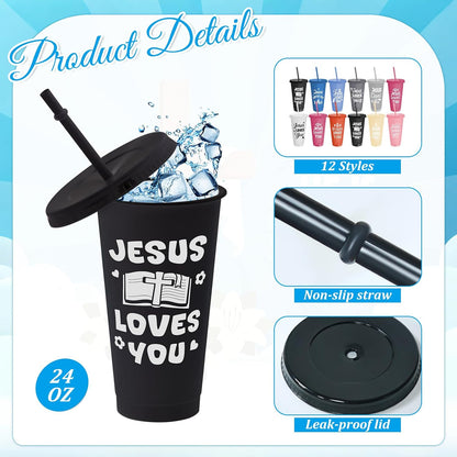 Cinrobiye 24 Pcs Jesus Loves You Tumblers Bulk, 24 oz Christian Plastic Cups with Lids and Straws, Reusable Religious Gift Cups for VBS, Sunday School, Church Events, Bible Study Party Favors
