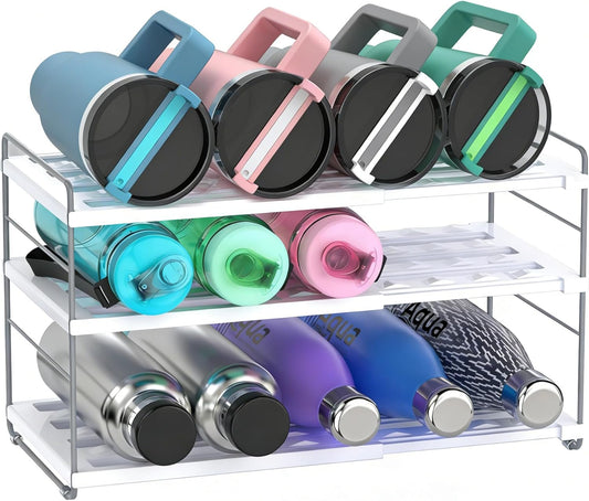 YAN & HIN Expandable Water Bottle Organizer for Cabinet, 3 Tier Tumbler Organizer, Adjustable Bottle Holder, Kitchen Pantry Storage Rack