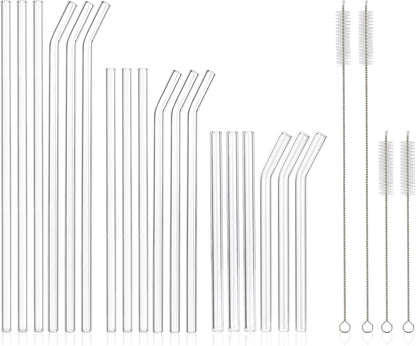 [22 Pcs] Reusable Glass Straws Shatter Resistant - Size 12"x8mm,9"x8mm,6"x8mm Including 9 Straight and 9 Bent Clear Glass Straws with 4 Cleaning Brush for 20 30 40 oz Tumblers,Cocktail,Coffee,Juice