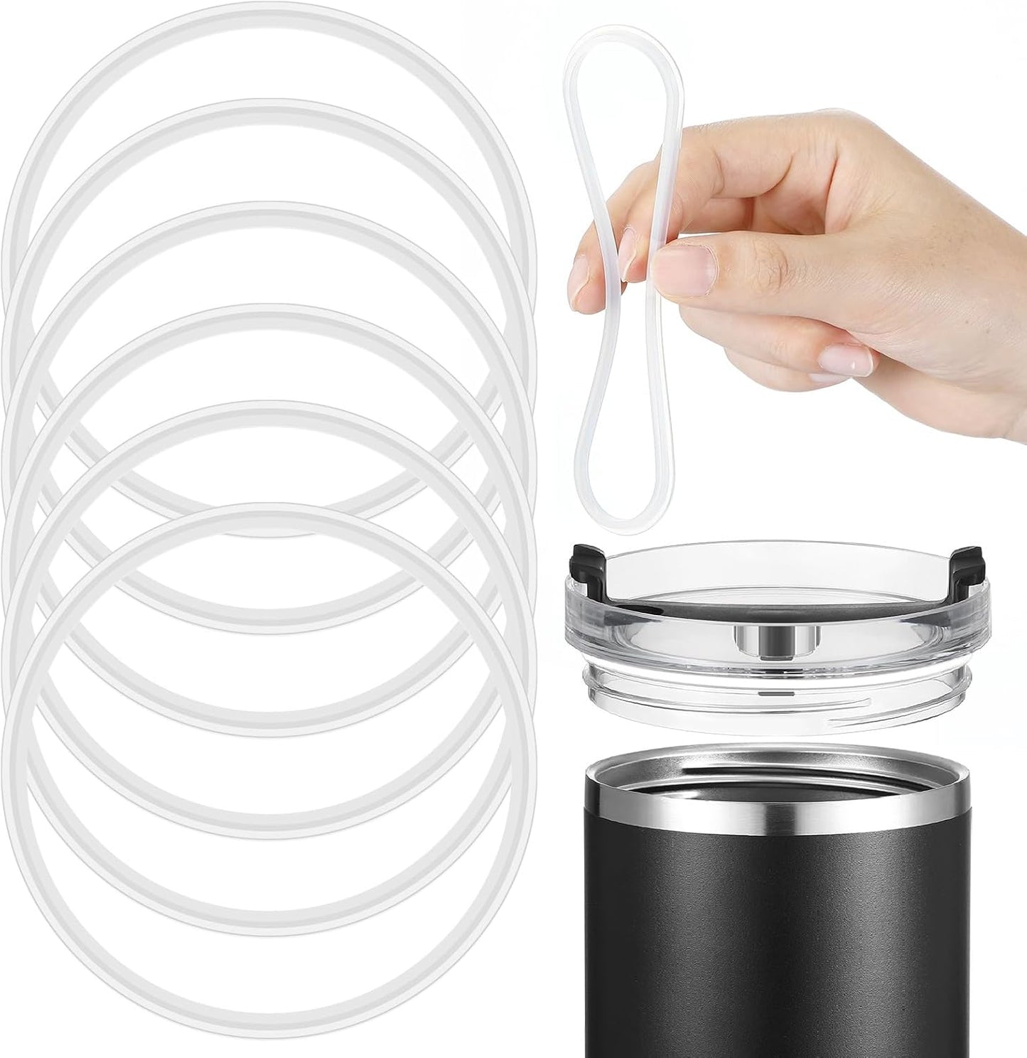 Vesici 6 Pcs 40 oz Tumbler Rubber Lid Seals, Replacement Water Bottle Gasket with Tweezers for Easy Removal, 3.35 Inch O-shaped Resealable Gaskets for 40 oz Tumblers, Glass Jars(Clear)
