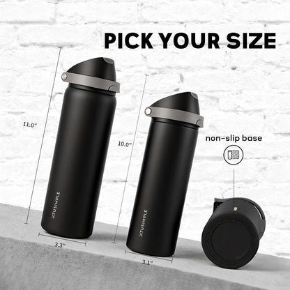 24 oz Stainless Steel Water Bottle with 2-in-1 Quick Flip Straw and Push Button Spout Lid, Fits Car Cupholder, Triple Walled Vacuum Insulated Metal Leakproof, for Gym, Hiking, Trip, Black