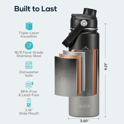 BUZIO 40oz Insulated Water Bottle, Triple Wall Vacuum Stainless Steel Water Flask with 2 lids, Lead-Free BPA-Free Straw Lid Sports Canteen Jug, Cold 48H & Hot 24H- Black - Colors B