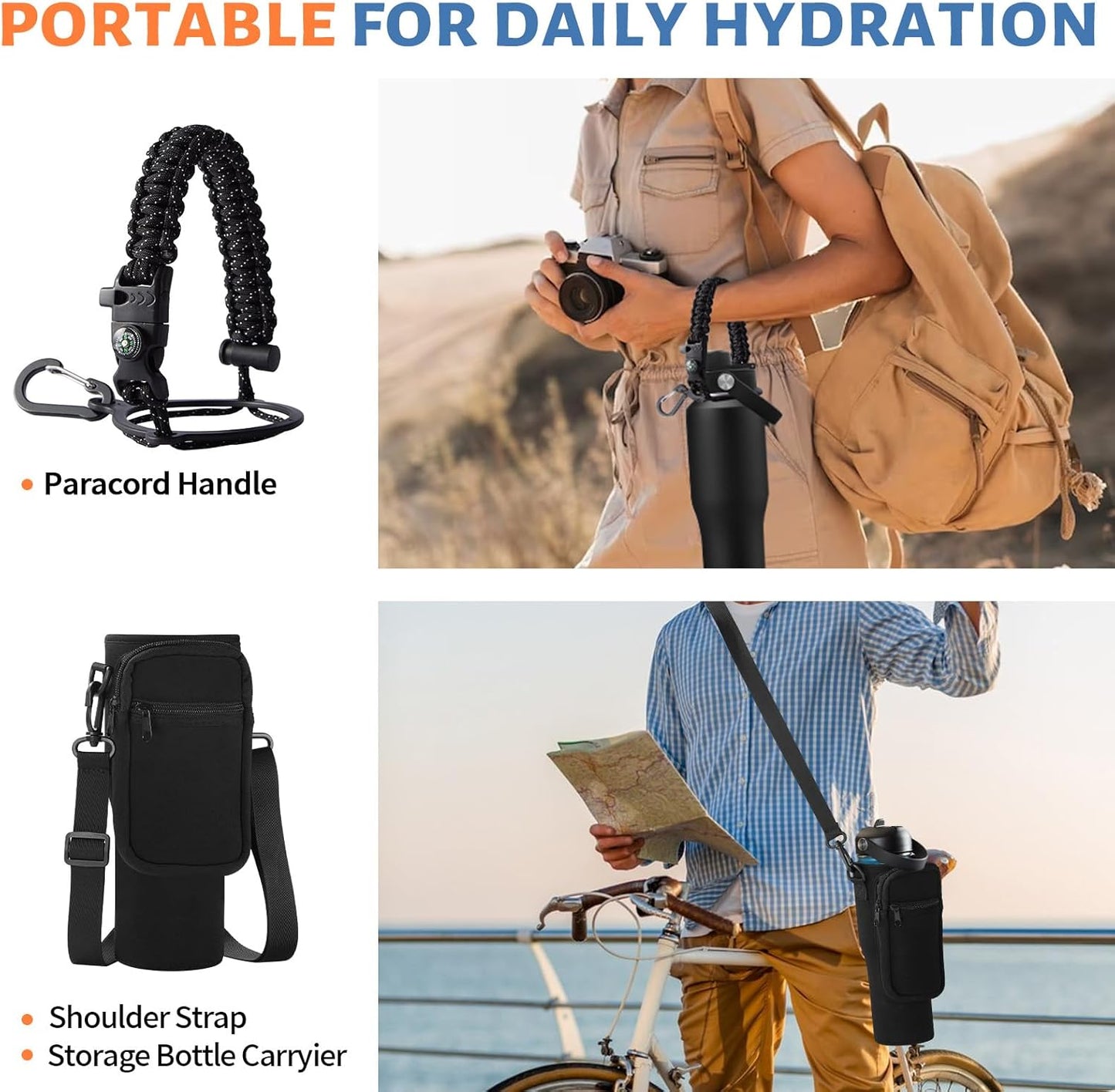 Insulated Water Bottle 40 oz - Fits in any Car Cup Holder, Keep Cold 48H Hot 24H, Stainless Steel Waterbottle Double Wall Flask with Straw, Pop-up Spout Lid, Paracord Handle, Carrier Bag