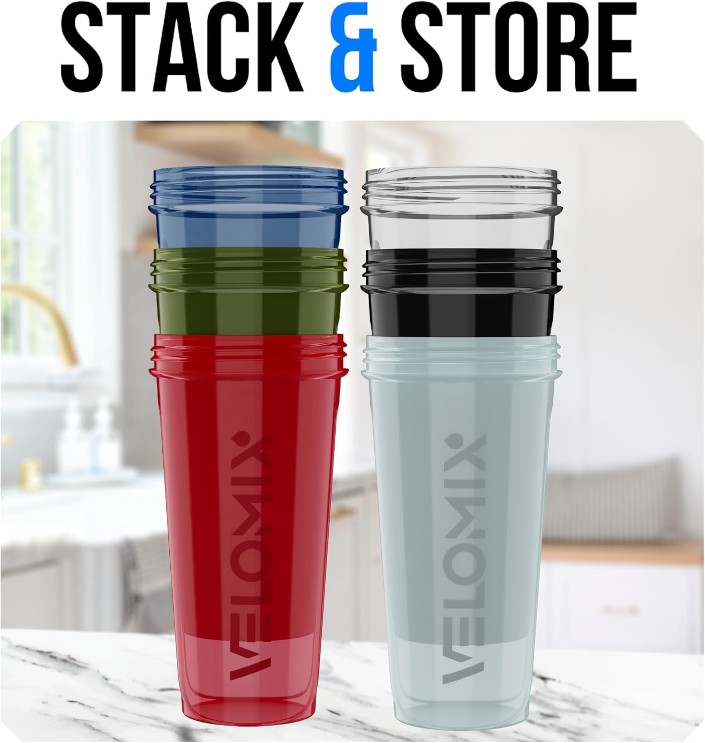 VELOMIX -6 PACK- 28 oz Protein Shaker Bottle for Protein Mixes -6x Wire Whisk | Leak Proof Shaker Cups for Protein Shakes | Large, Stackable Protein Shaker Bottle Pack
