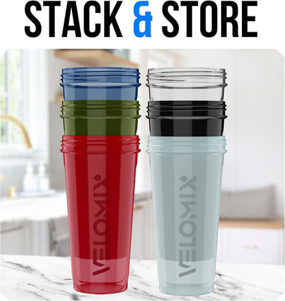 VELOMIX -6 PACK- 28 oz Protein Shaker Bottle for Protein Mixes -6x Wire Whisk | Leak Proof Shaker Cups for Protein Shakes | Large, Stackable Protein Shaker Bottle Pack