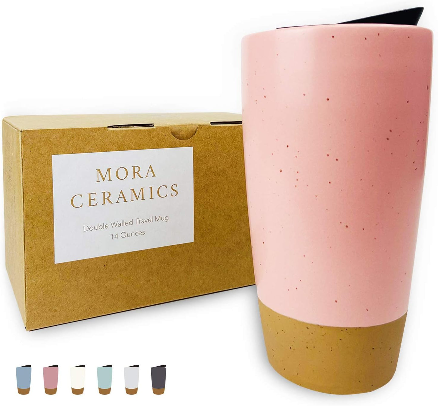 Mora Double Wall Ceramic Coffee Travel Mug with Lid, 14 oz, Portable, Microwave, Dishwasher Safe, Insulated Reusable Tall Cup, Splash Resistant Lid - To Go Tumbler for Car Cup Holder, Nightwaves