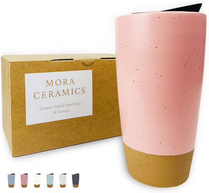 Mora Double Wall Ceramic Coffee Travel Mug with Lid, 14 oz, Portable, Microwave, Dishwasher Safe, Insulated Reusable Tall Cup, Splash Resistant Lid - To Go Tumbler for Car Cup Holder, Nightwaves