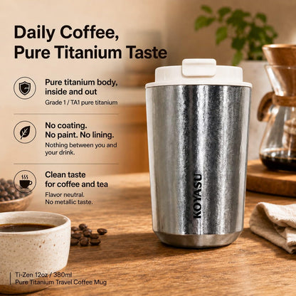 KOYASU Ti-Zen Titanium Travel Coffee Mug - 12oz Ultralight Insulated Tumbler - Leakproof Commuter Cup for Men & Office Desk Accessory - Minimalist Portable Tea Flask for Travel & Car- Indigo Blue