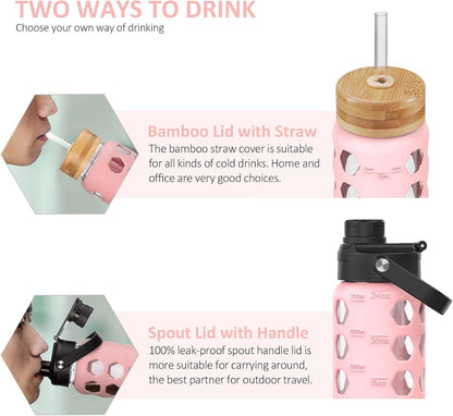 MUKOKO Glass Water Bottles, 32oz Glass Tumbler with Straw, Drinking Bottles with 2 Lids-Handle Spout Lid&Bamboo Straw Lid, Motivational Water Bottle with Time Marker and Silicone Sleeve, 1 Pack-Olive