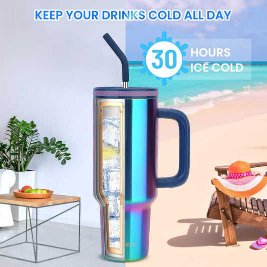 Zukro 40 oz Tumbler with Handle and Straw, Vacuum Insulated Stainless Steel Cup Fits in Cupholder for Travel, Home, Office - No Sweat & Keep Drinks Cold - Dishwasher Safe & BPA Free