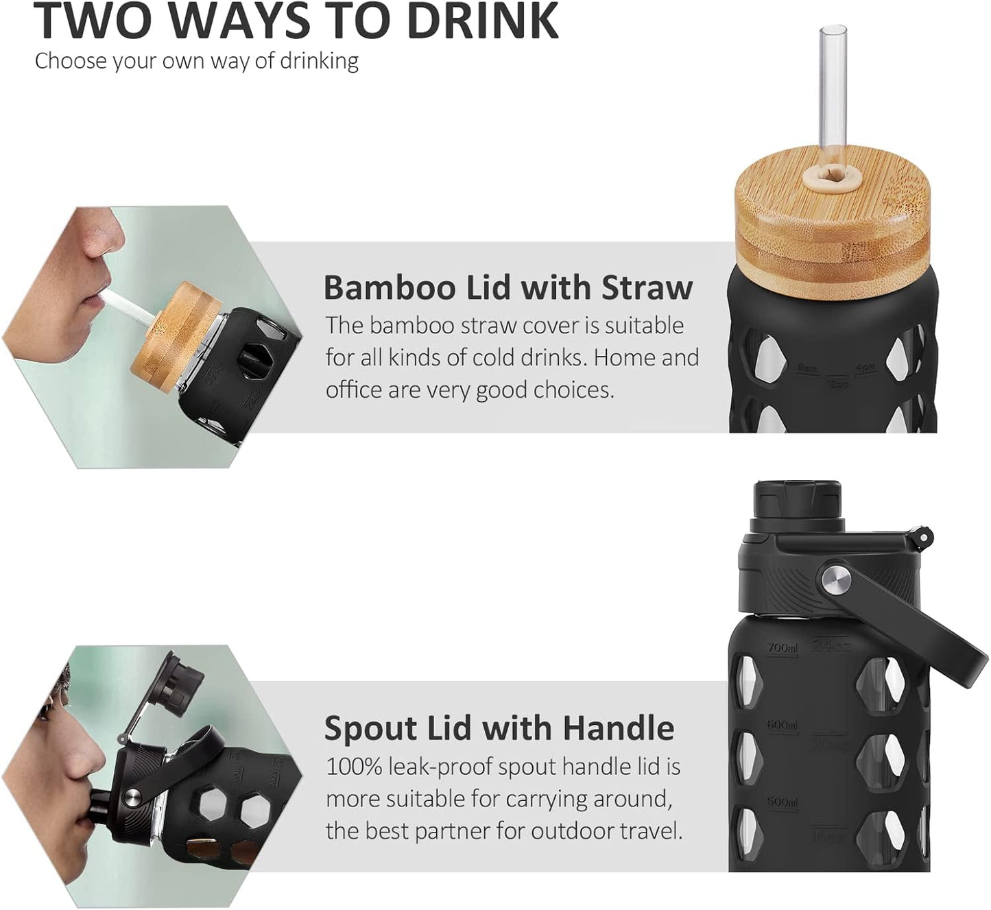 MUKOKO Glass Water Bottles, 32oz Glass Tumbler with Straw, Drinking Bottles with 2 Lids-Handle Spout Lid&Bamboo Straw Lid, Motivational Water Bottle with Time Marker and Silicone Sleeve, 1 Pack-Olive