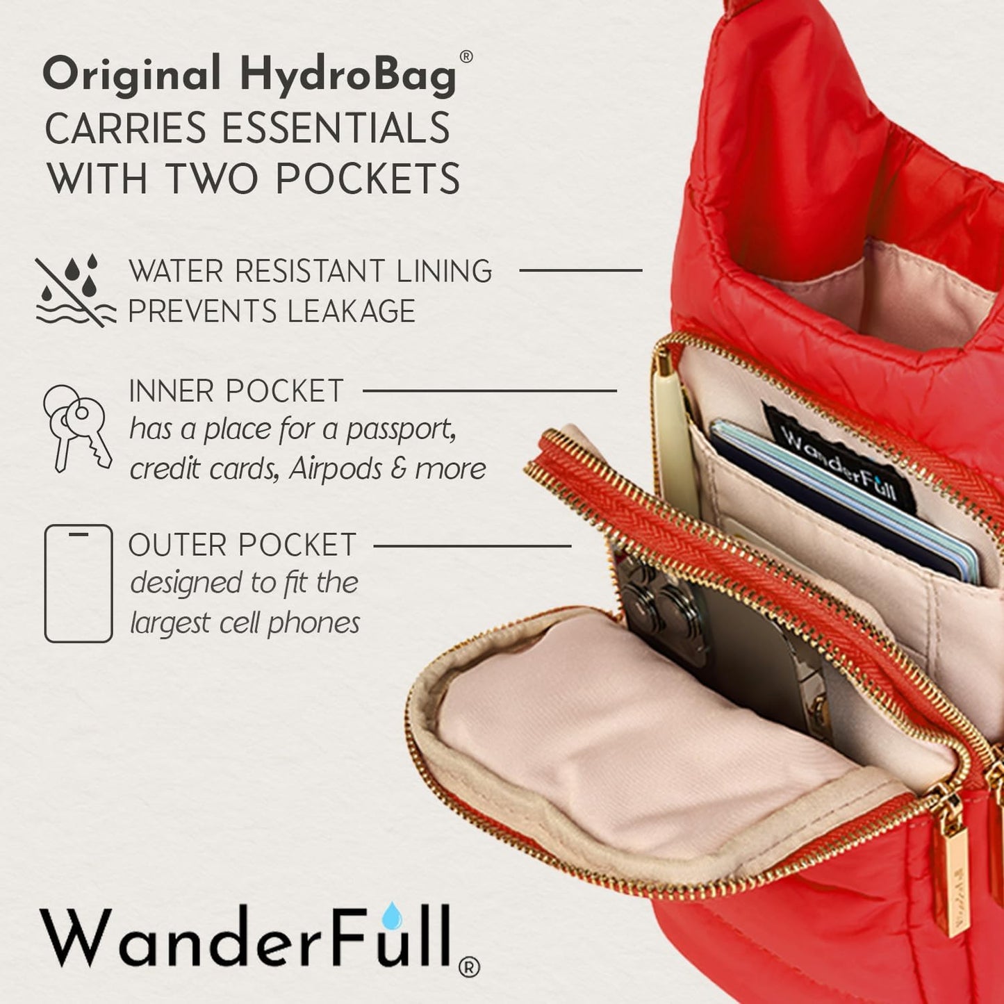 WanderFull Original HydroBag Fits Up to 32 oz Water Bottle Holder with Strap – Hands-Free Crossbody Water Bottle Carrier Bag with Phone Pocket - Colors A