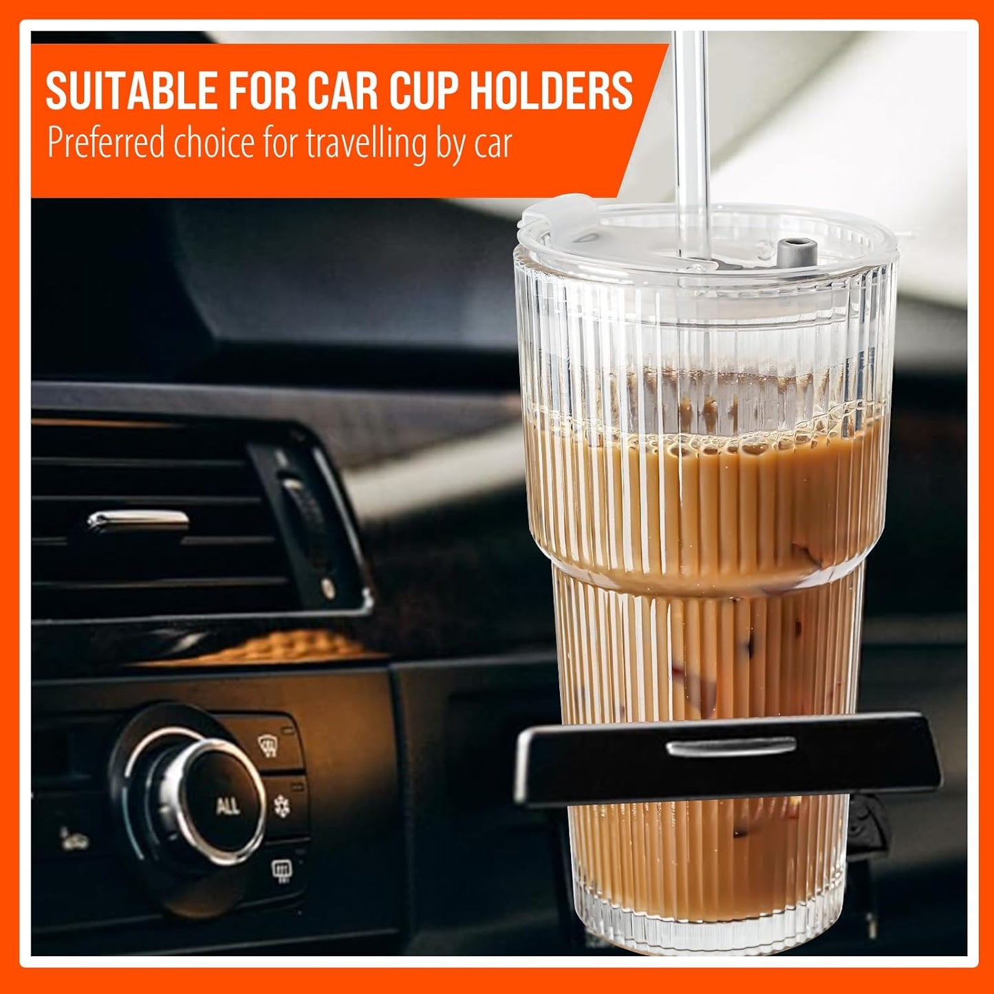 SUROQUE 20oz Ribbed Glass Tumblers with Lids & Straws, Ideal for Iced Coffee, Cocktails & More - Includes Cleaning Brush