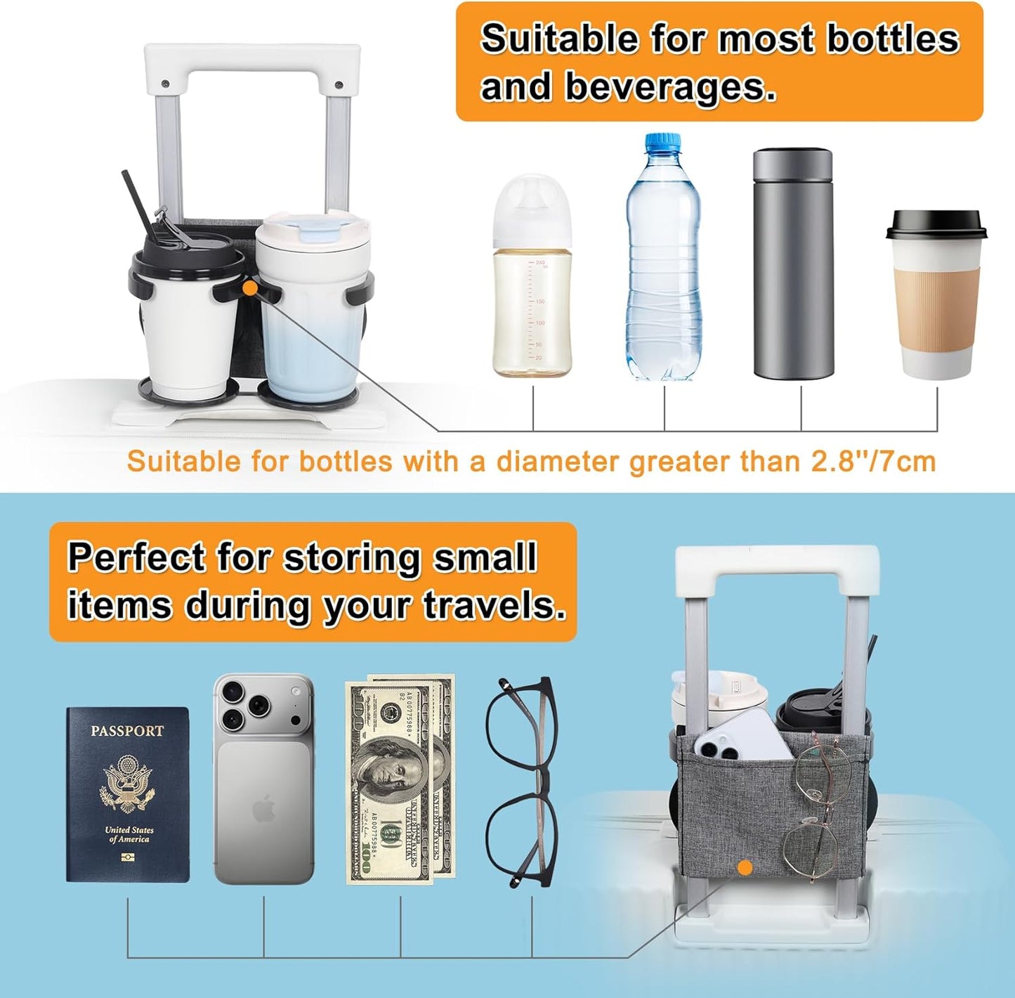 Vigorport Luggage Travel Cup Holder, Folding Drink Caddy for Suitcases - Hold Two Coffee Mugs Traveler Carry on Hands Free Accessory (Hook & Loop)