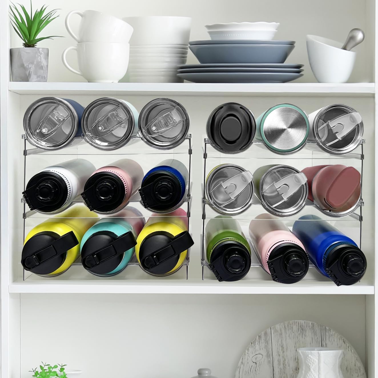 Spaclear 2 Pack Water Bottle Organizer, Stackable Kitchen Pantry Storage Shelf, Plastic Water Bottle Holder for Cabinet and Fridge Organization