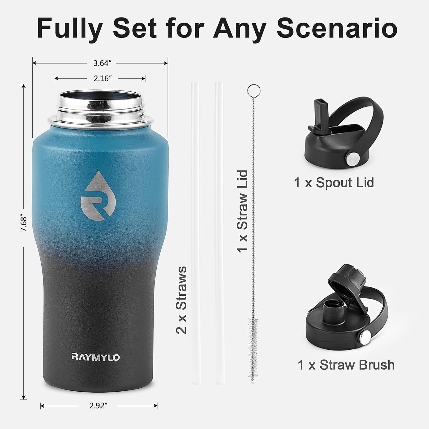 RAYMYLO 40 oz Insulated Water Bottle with Straw fit in Car Cup Holder, Triple Wall Vacuum Stainless Steel(Cold 48 hrs, Hot 24 hrs), Leakproof & Non-BPA, Hydro Travel Flask with Straw and Spout Lid