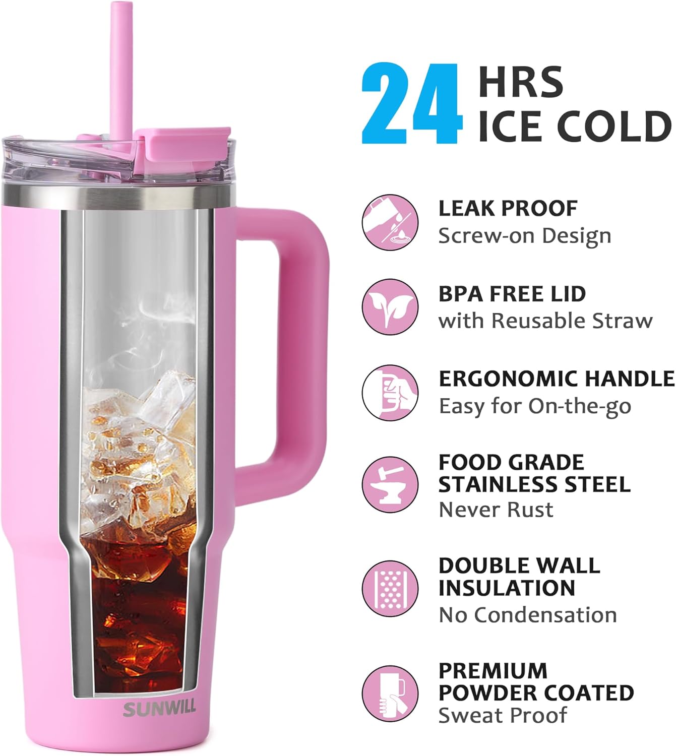 SUNWILL 20 oz Tumbler with Handle and Straw Leak Proof,Travel Coffee Mug with Lid, Stainless Steel Cup Insulated for Office & Gym, Cupholder Friendly, Powder Coated Orchid