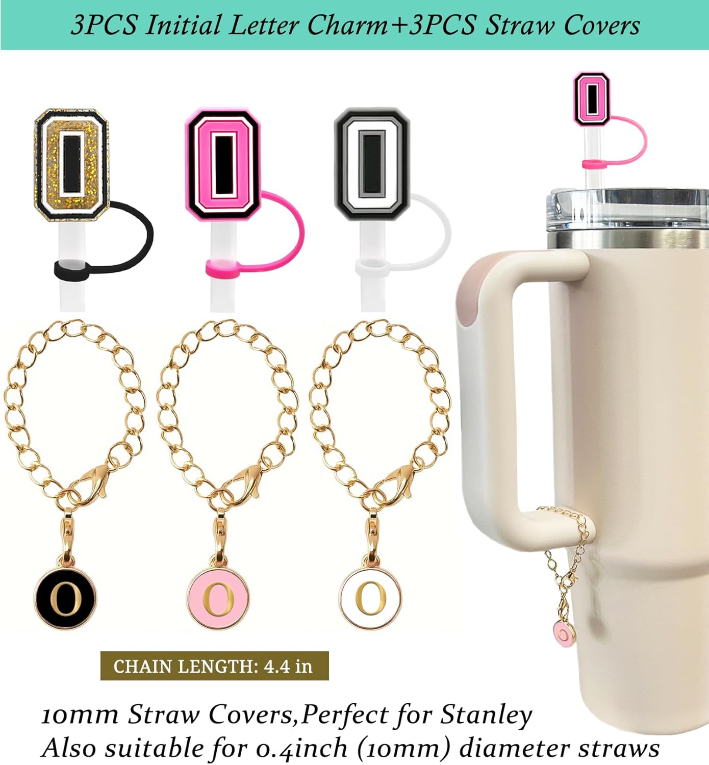 （3 +3) 3PCS Nuozme Straw Cover 10mm For Stanley Tumbler Cup Reusable Straw Cap Topper with 3 Initial Letter Charms Accessories Name ID Personalized Handle Charm For Stanley 30&40 Oz Cup Tumbler - Colors B
