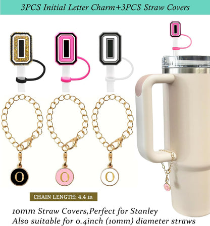 （3 +3) 3PCS Nuozme Straw Cover 10mm For Stanley Tumbler Cup Reusable Straw Cap Topper with 3 Initial Letter Charms Accessories Name ID Personalized Handle Charm For Stanley 30&40 Oz Cup Tumbler - Colors B