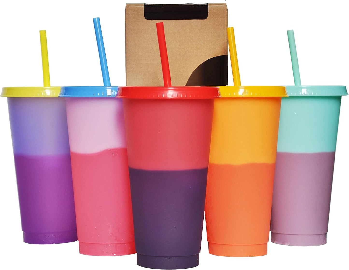 Color Changing Cups, 5 Pack 24oz Plastic Tumblers, Reusable Iced Coffee & Smoothie Cups with Lids and Straws for Parties and Travel