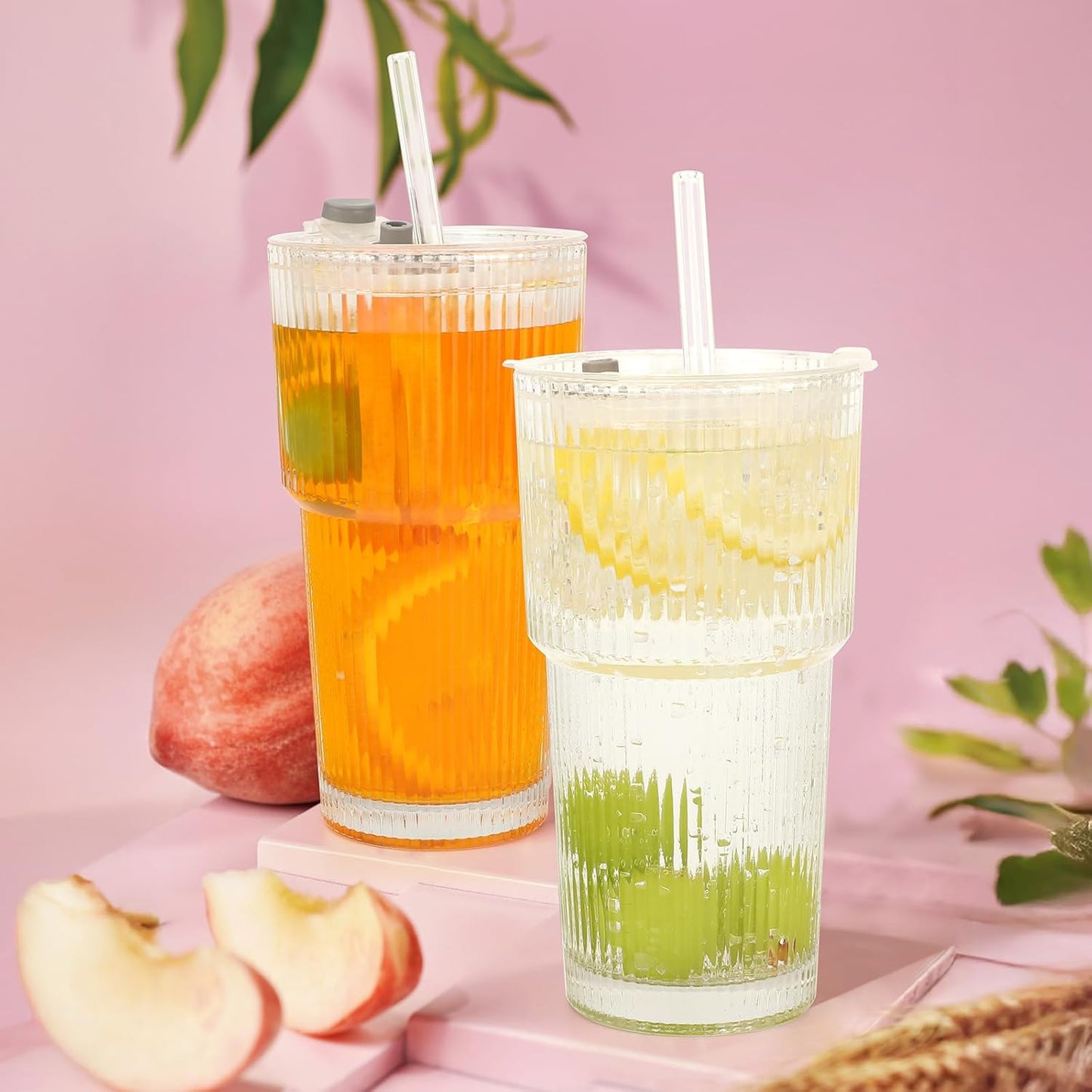 Clear Iced Coffee Cups with Lids - 4 Pack, 20oz Reusable Glass Cups with Lids and Straws, Drinking Tumblers for Cocktail Beer, Juice, Smoothie, Coffee Bar, Housewarming Gifts - Dishwasher Safe