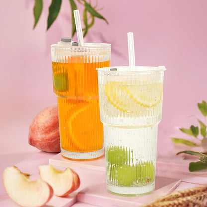 Clear Iced Coffee Cups with Lids - 4 Pack, 20oz Reusable Glass Cups with Lids and Straws, Drinking Tumblers for Cocktail Beer, Juice, Smoothie, Coffee Bar, Housewarming Gifts - Dishwasher Safe