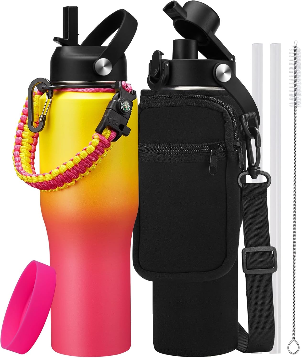 Insulated Water Bottle 40 oz - Fits in any Car Cup Holder, Keep Cold 48H Hot 24H, Stainless Steel Waterbottle Double Wall Flask with Straw, Pop-up Spout Lid, Paracord Handle, Carrier Bag
