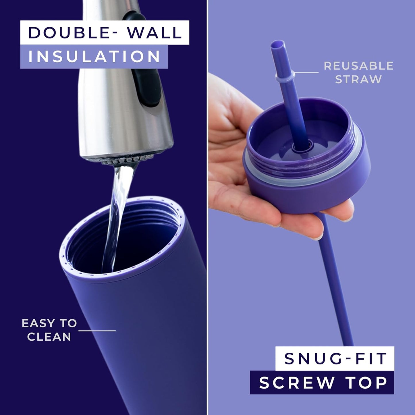 STRATA CUPS Perwinkle Skinny Tumblers with Lids and Straws (4 pack), 16oz Matte Pastel Colored Acrylic Tumblers with Lids and Straws, Double Wall Skinny Tumbler Bulk, Reusable Cup with Straw Cleaner