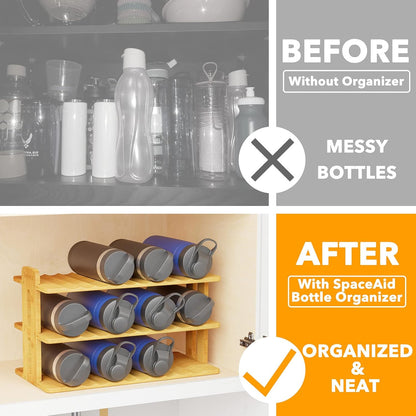 SpaceAid Bamboo Water Bottle Organizer with Labels, Kitchen Pantry Water Bottle Storage Rack for Cabinets, Home Cup and Wine Bottle Holder Shelf Organizers, (3-Tier, Hold 9 Bottles)