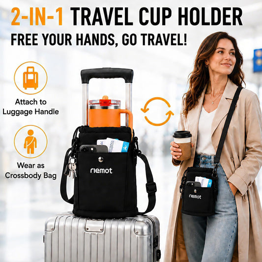 riemot Luggage Cup Holder with Strap, Travel Drink Holder with Phone Pocket, Hands Free Suitcase Drink Carrier Fits Stanley 40oz Cups, Luggage Accessories for Travel Airport Convenience