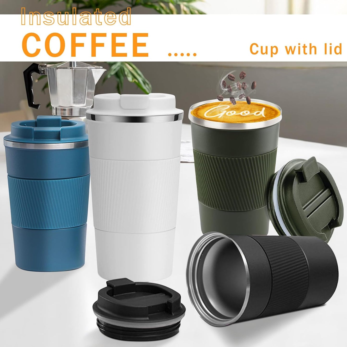 YINBAOGE Insulated Travel Coffee Mug, Spill & Leak Proof, Portable To Go Camping Stainless Steel Coffee Tumbler, Reusable Thermal Coffee Cup with Lid for Hot & Cold Drinks (Black, 12 OZ)