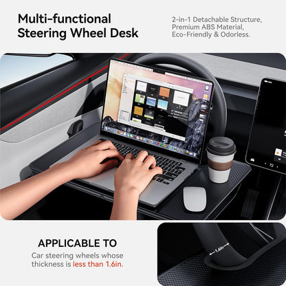 YONZEE 2-in-1 Car Steering Wheel Desk Tray & Car Seat Gap Filler Organizer – Foldable Carbon Fiber Look Table for Laptop, Eating Food, Writing – for Standard Round Steering Wheels