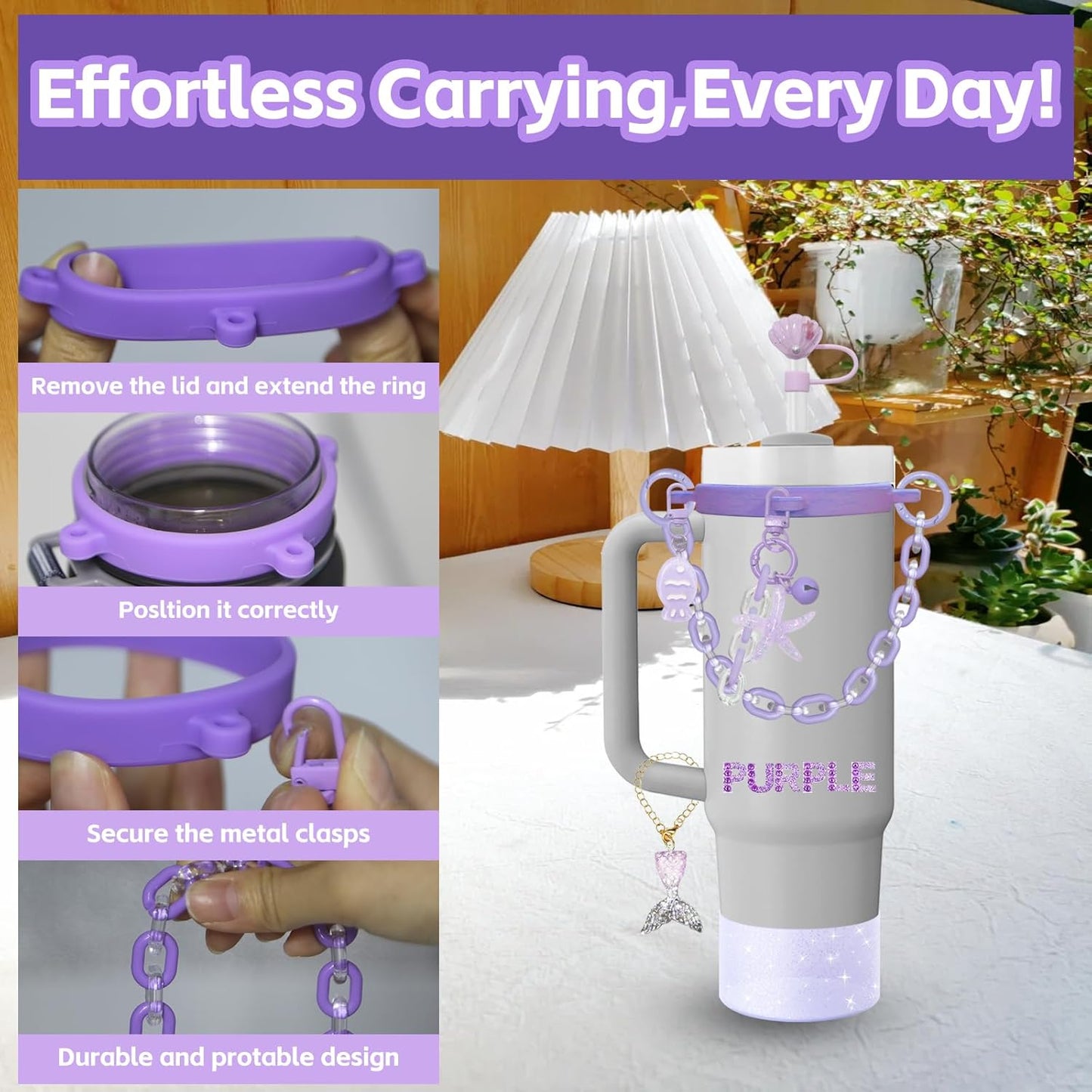 Accessories Set for Stanley Cup,Water Bottle Handle Strap,Straw Topper,Silicone Cover Cap and Boot,Keychain Charms,Handle Charms,Initials Sticker for Stanley Tumbler 40oz/30oz(Purple Ocean)