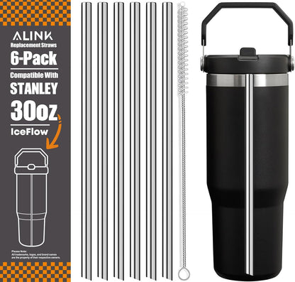 ALINK Stainless Steel Straws Compatible with Stanley Iceflow 30oz Flip Tumbler, 6 Pack Reusable Metal Straws for Stanley Ice Flow 30oz Cup Lid Only, Plus Straw Brush