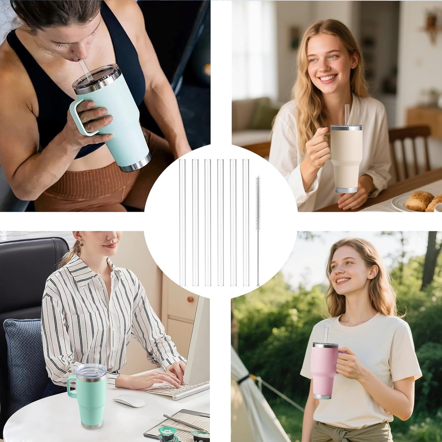 Straws for Yeti 35 oz Rambler Tumbler, 6Pcs 9.5 Inch Reusable Replacement Straws, BPA-Free Hard Plastic Accessories with 1 Cleaning Brush, Ideal for Smoothies, Milkshakes
